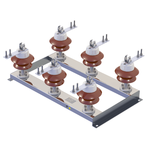 Base tripolar modelo BTE Sarel com mecanismo extraível — troca rápida de fusíveis HH em painéis de média tensão