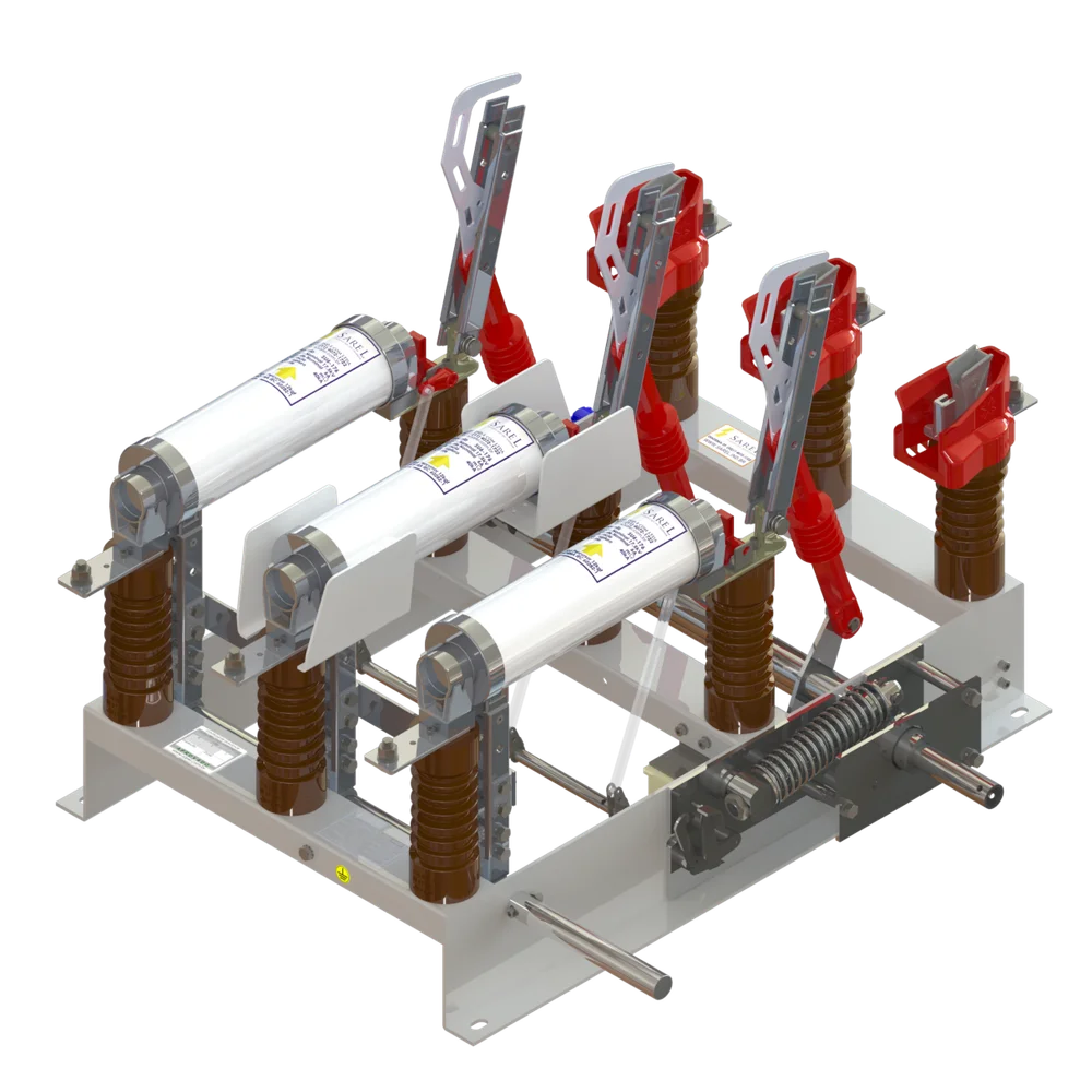Chave seccionadora tripolar SRFALTI Sarel com fusível HH integrado, aterramento lateral e intertravamento mecânico — equipamento para subestações industriais de 5kV a 36kV conforme IEC 62271-102